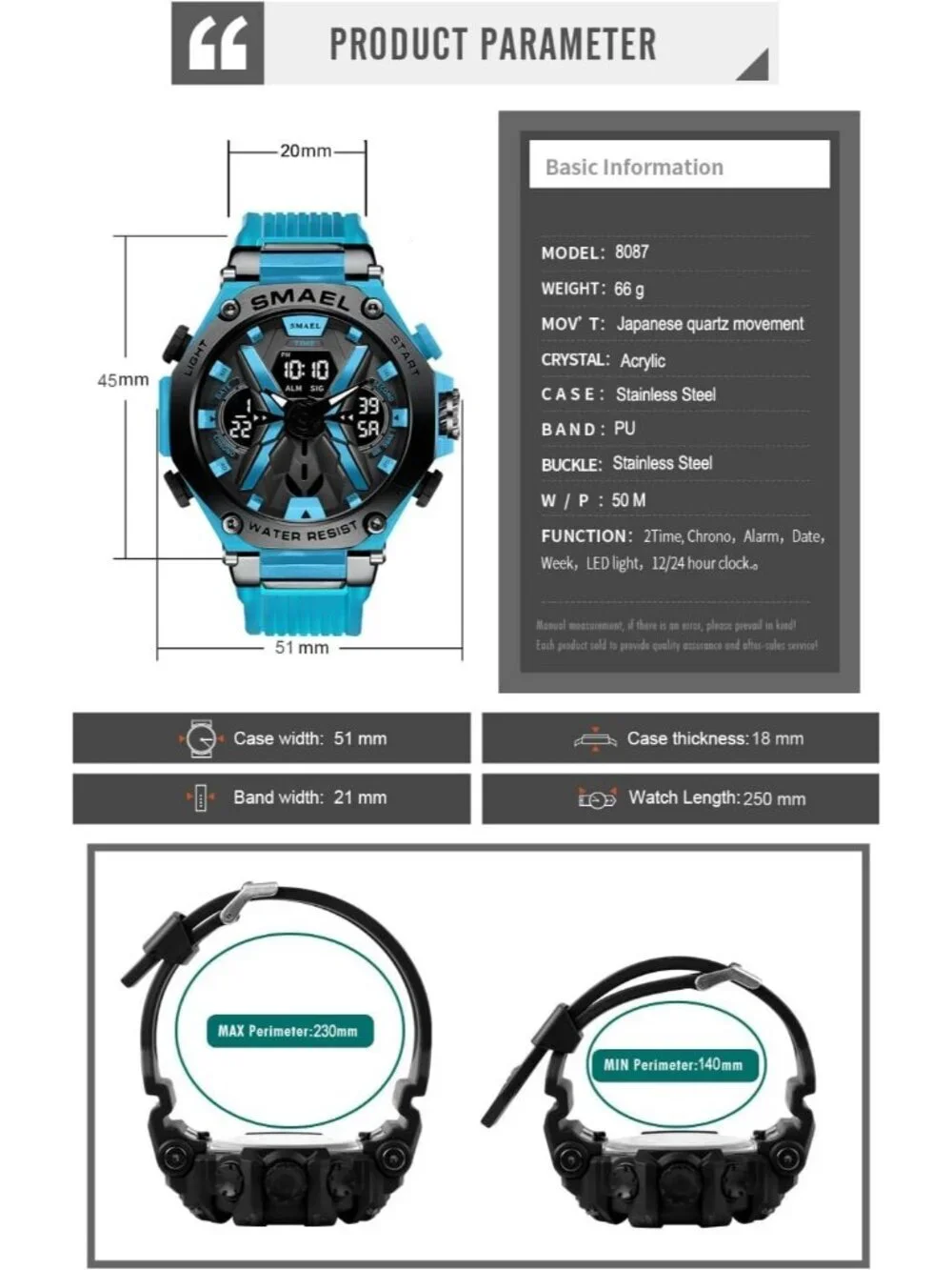 Men's Sky Blue Analog Quartz Sports Waterproof Military Alarm LED Digital Watch